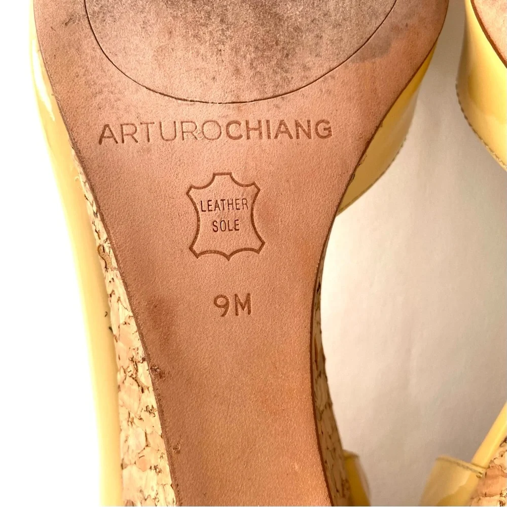 Arturo Chiang Talitha Dijon Yellow Patent Peep Toe Cork Wedge Heels, Size 9M